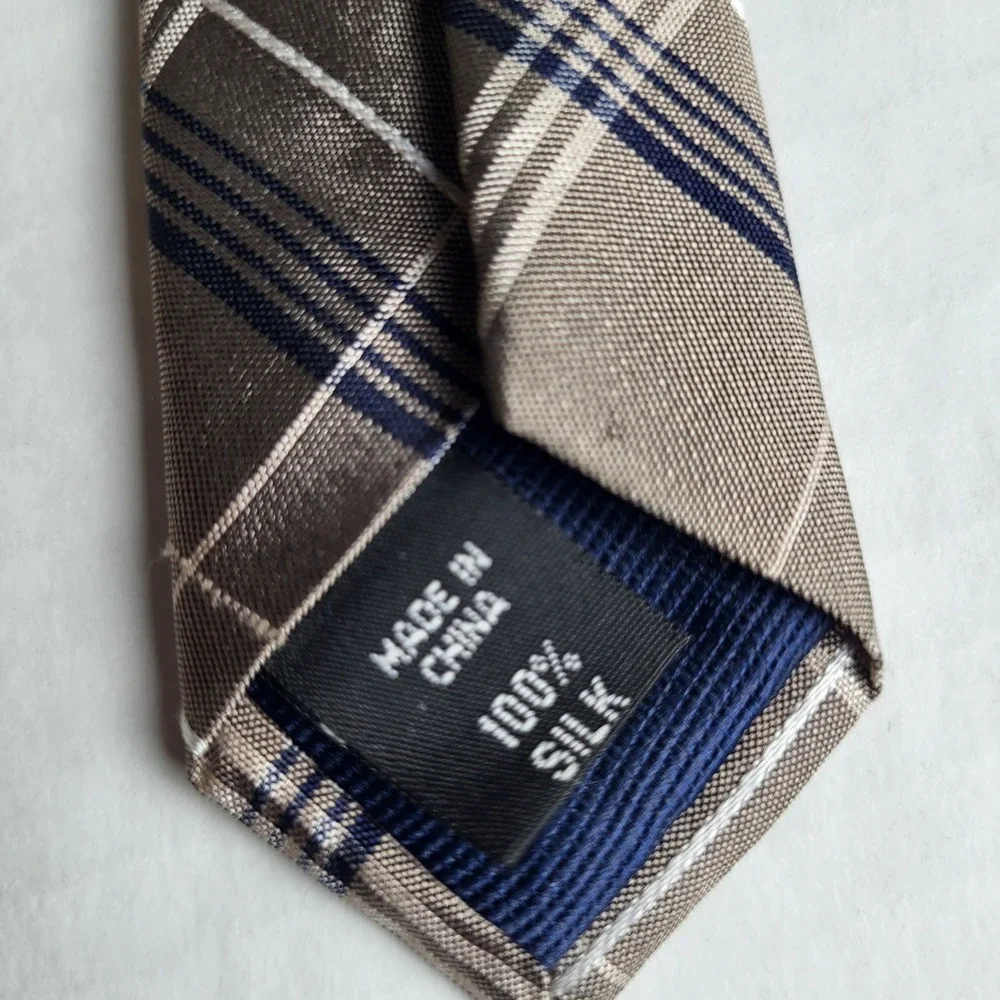 Michael Kors 100% Silk Taupe‎ Blue White Diagonal Plaid Tie 2.5